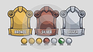 Empty rectangle frames in medieval style for game ui design. Vector cartoon set of user interface elements with golden, bronz...