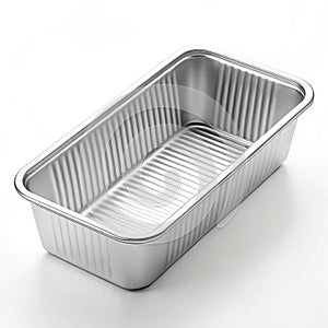 Empty Rectangular Aluminum Loaf Pan with Ribbed Sides on White Background baking pan cake pan