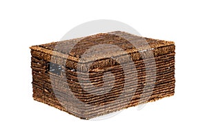 Empty, rectangular picnic basket or chest with closed lid isolated on white background