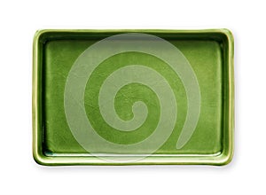 Empty rectangular plate, Green ceramics plate, View from above isolated on white background with clipping path