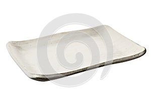 Empty rectangular plate in natural white texture, isolated on white background with clipping path, Side view