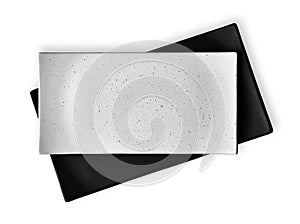 Empty rectangular plates, White and black ceramics plates, View from above isolated on white background with clipping path