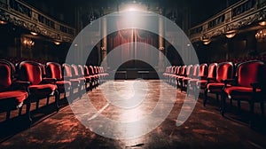 Empty red armchairs of a theater ready for a show