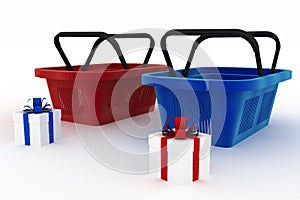 Empty red and blue plastic shopping baskets with boxes of gifts