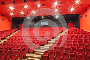 Red cinema or theatre seats. Empty theater, movie auditorium with seats