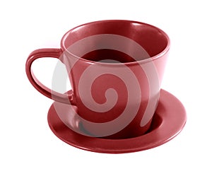Empty red coffee cup and saucer on a white background
