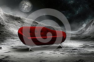 Empty red comfortable sofa on the moon surface with a view of space
