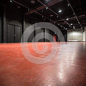 Empty red concrete floor and blurred wall background