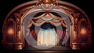 Empty red curtain stage, wooden floor with spotlight. Theater, opera scene with drape, concert or cinema grand opening