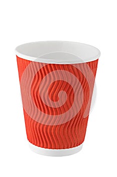 Empty red disposable paper cup for drinks isolated on white background. Plastic pollution reduction concept. Zero waste concept