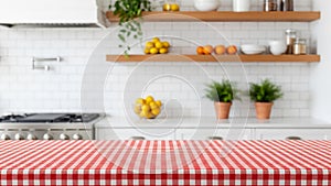 Empty Red Gingham Table with Blurred Modern Kitchen Background
