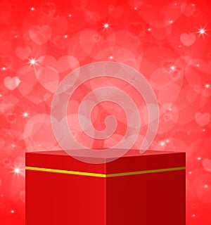 Empty red and gold cube podium over blur red love heart wall