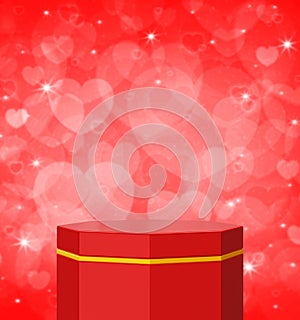 Empty red and gold hexagon podium over blur red love heart wall