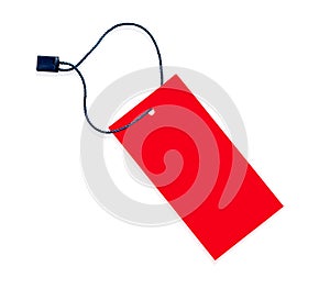 Empty red label or price tag with cord black rope, isolated on a white background, With clipping pat