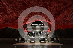 Empty red metro strairs in Stockholm.