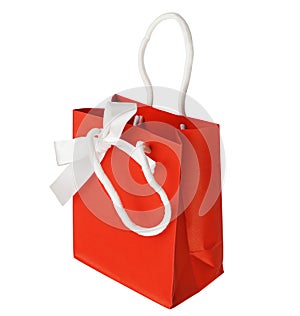 Empty red paper bag with bow