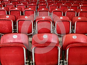 Empty red plastic seats in a stadium