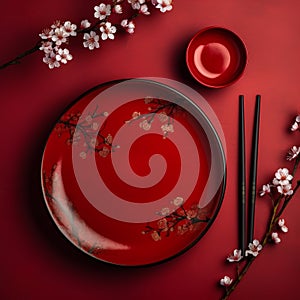 Empty red plate, chopsticks and cherry blossoms on red background