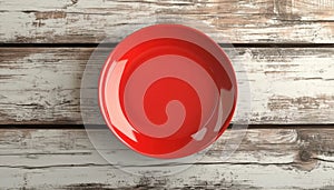 Empty Red Plate Resting On A Rustic Wooden Tabletop