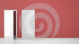 Empty red room interior design with open and closed doors with frame, door handles, wooden white floor. Choice, decision,