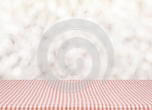 Empty red tablecloth material wooden, deck, tablecloth with blur