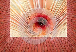 Empty red wooden deck table with beautiful little flower in a book background. Ready for product display montage. Aroma of story