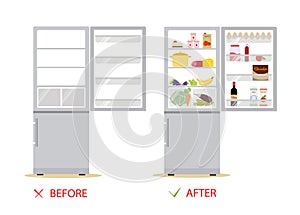 An empty refrigerator, a full refrigerator of food. Before and after. Flat cartoon style vector illustration.