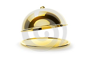 Waiter holding metal tray with cover on white background. Empty restaurant cloche with open lid. 3d illustration