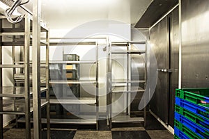 Empty restaurant kitchen storage room stainless steel