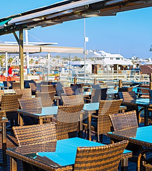 Empty restaurant Paphos port Cyprus