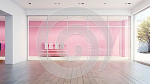 An empty retail storefront with plain walls, pink wall and HD glass mockup