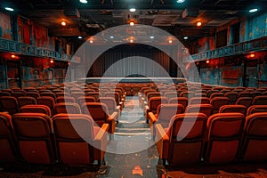 Empty retro cinema or theatre auditorium with red velvet seats and vintage interior