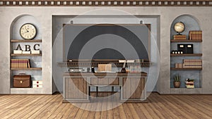 Empty retro classroom with blackboard and teacher`s desk