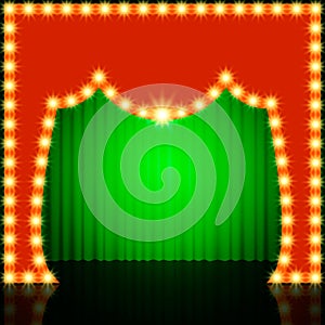 Empty retro stage with green curtain