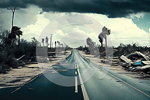 empty road after devastate from rain and wind disaster aftermath hurricane