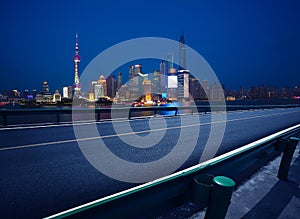 Empty road floor with bird-eye view at Shanghai bund Skyline