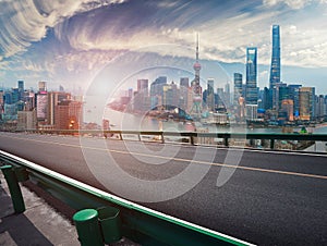 Empty road floor with bird-eye view at Shanghai bund Skyline