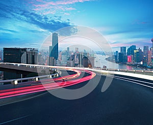 Empty road floor with bird-eye view at Shanghai bund Skyline