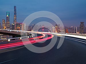 Empty road floor with bird-eye view at Shanghai bund Skyline