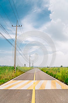 Empty road with green reed field at Hwaseong Fossilized Dinosaur Egg Site in Hwaseong, Korea