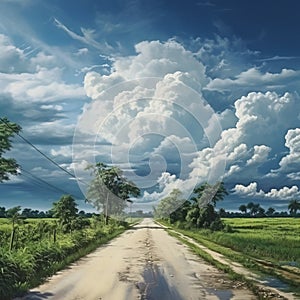 Empty Road Beside Meadow under Cloudy Sky