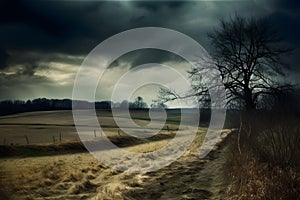 an empty road in a rural landscape with tree under dark skies