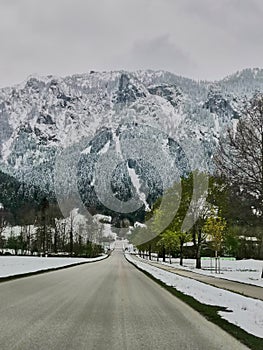 Empty road to the snow-capped Alps