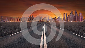 Empty road towards the futuristic skyline