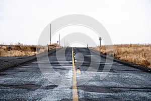 Empty road between wheat crop fields