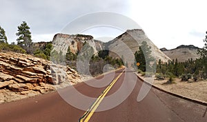 Empty roadway through Zion Canyon, Utah, USA