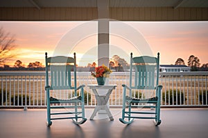 empty rocking chairs on a peaceful farmhouse porch at dusk