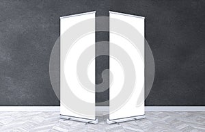 Empty rollup banners stand. Exhibition stand roll-up banners, screen for you design.