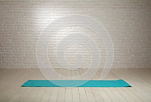 Empty room background wooden floor white brick wall fit mat