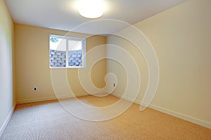 Empty room with beige carpet and small basement window.